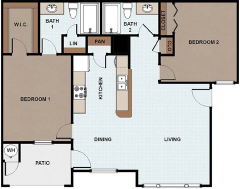 2 Bedroom, 2 Bathroom Floor Plan