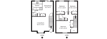 A black and white image of a floor plan for a two-level home.