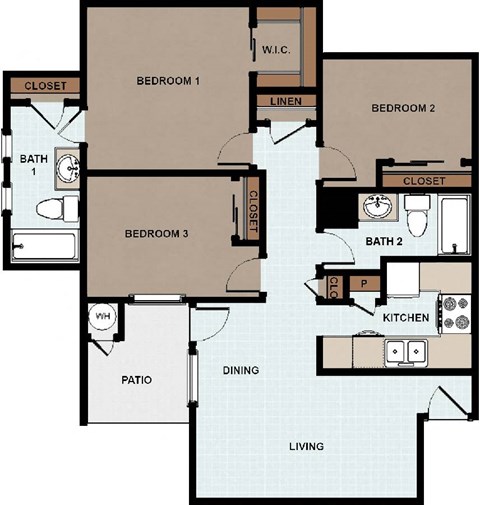 3 Bedroom, 2 Bathroom Floor Plan
