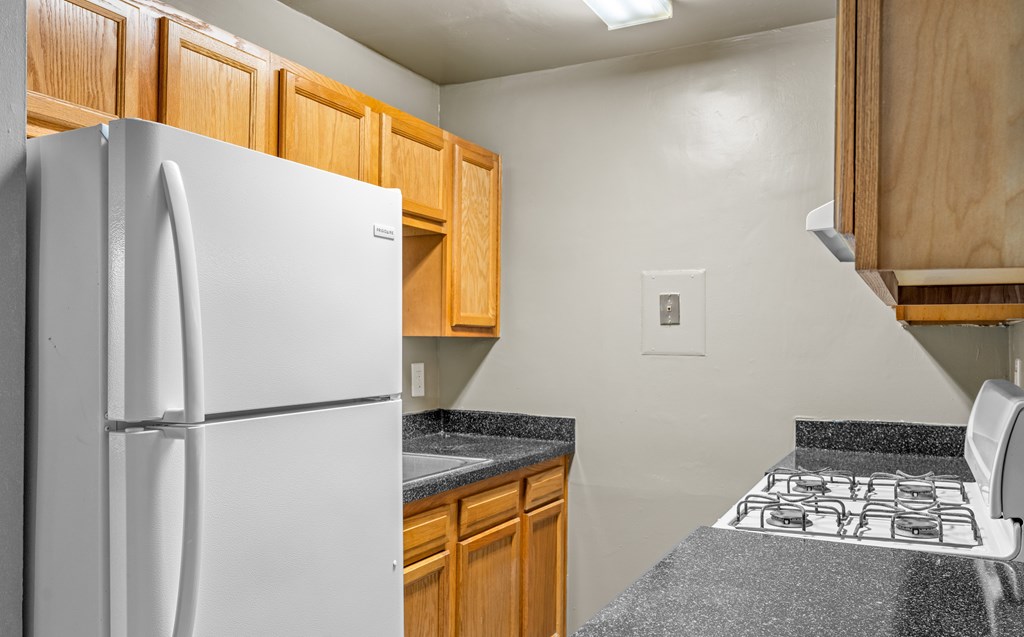 A kitchen with a white refrigerator and a black countertop.