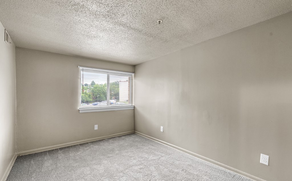 A room with a window and carpeted floor.