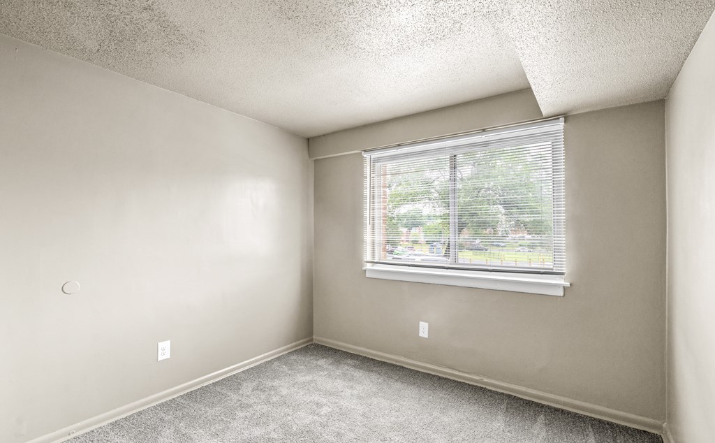 A room with a window and a carpeted floor.