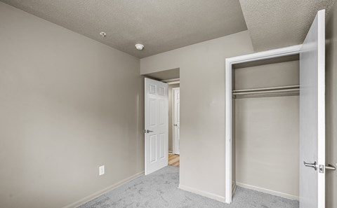 Empty bedroom with closet and carpet  at The Village at Chesapeake Apartments, Washington