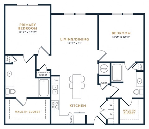 a floor plan of a two bedroom apartment at 55 Fifty at Northwest Crossing, Houston