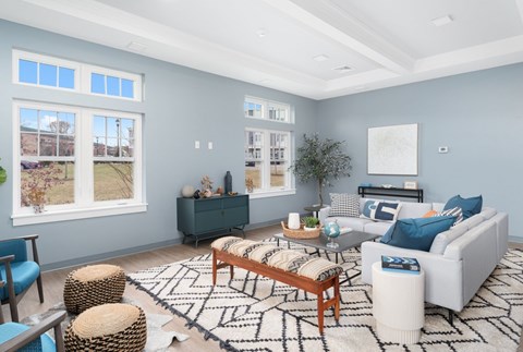 A living room with a white couch, a wooden coffee table, and a rug with a geometric pattern.