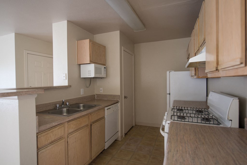a kitchen with a sink and a stove and a refrigerator