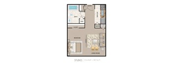A floor plan of a one bathroom studio apartment.