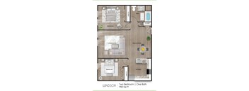 Two Bed One Bath Floor Plan at The Camelot, West Hartford, CT  
