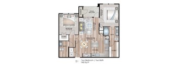 943 Square Foot 2 Bedroom Apartment Floor Plan