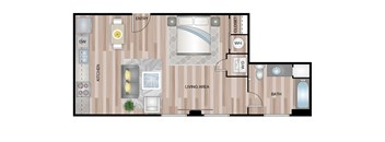 A floor plan of a living space with a kitchen, living area, and bathroom.