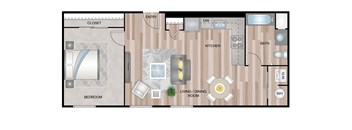A floor plan of a small apartment with a bedroom, living room, kitchen, and bathroom.