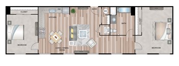 A floor plan of a house with a kitchen, dining room, living room, and two bedrooms.