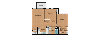 A floor plan of a house with a balcony, two bedrooms, a living room, a kitchen, a bathroom, a mechanical room, and a laundry area.