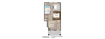 the floor plan of one bedroom with bathroom and living room