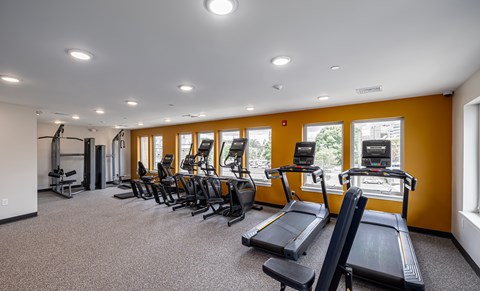 Fitness center with cardio equipment and bright windows at MLK Apartments, Hartford