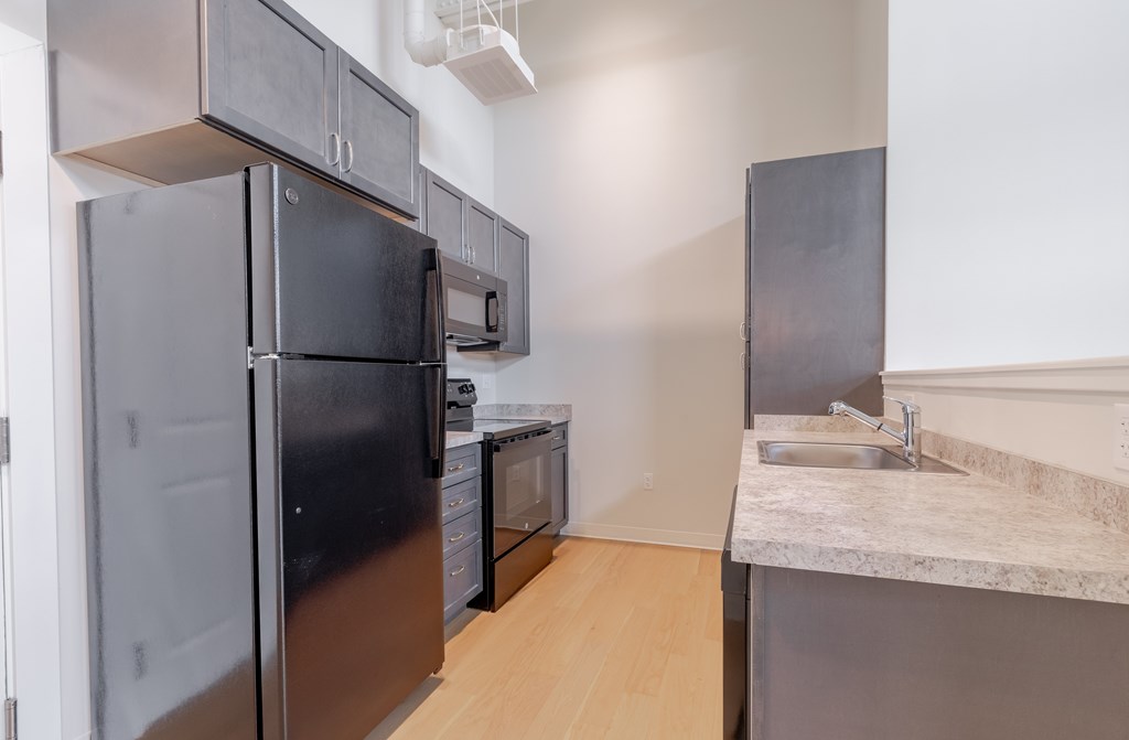 A kitchen with a black refrigerator, sink, and cabinets.