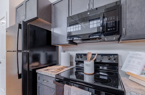 A black refrigerator and microwave are installed above a stove in a kitchen.