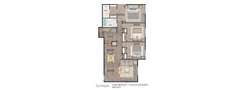 A floor plan of a three bedroom apartment with one and a half baths.
