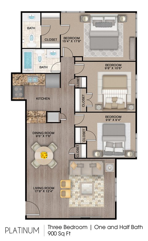 A floor plan of a three bedroom apartment with one and a half baths.