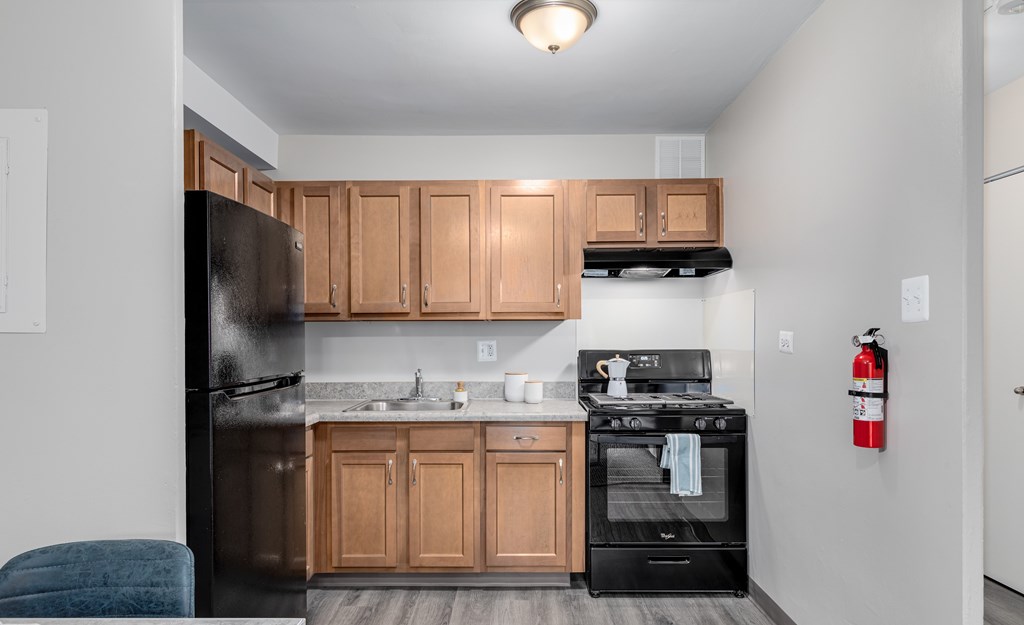 A kitchen with black appliances and wooden cabinets.