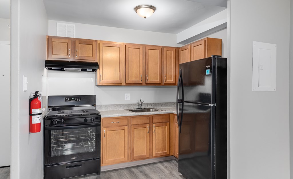A kitchen with a black refrigerator, black stove, and wooden cabinets.