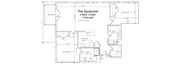 A floor plan for The Sycamore, a 2 Bed 1 2 Bath 1100 sq/ft living room.