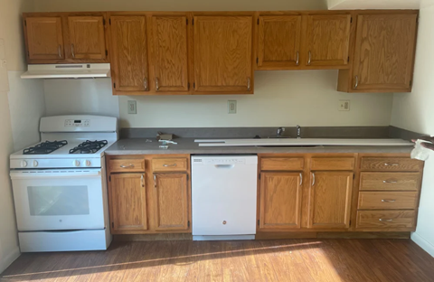 A kitchen with wooden cabinets and a white dishwasher.