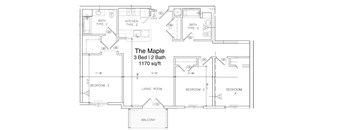A floor plan of a 3 bedroom apartment named The Maple.