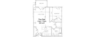 A drawing of a house layout with a living room, kitchen, and two bedrooms.