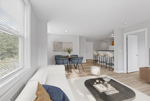 A modern living room with a white sofa and a grey rug.