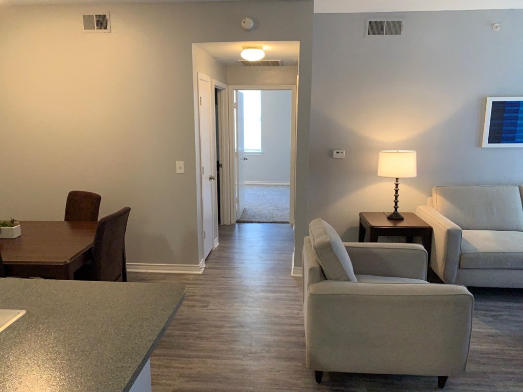 a living room with a couch and a table