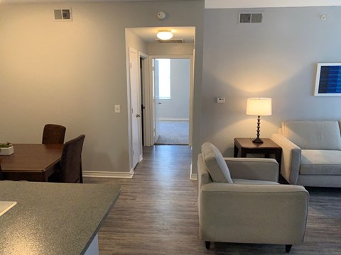 a living room with a couch and a table