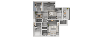 A 3D rendered image of a modern kitchen layout with a dining area.