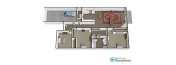 A floor plan of a house with a car parked in the garage.