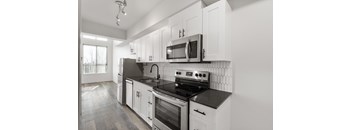 Stainless steel appliances and quartz countertops