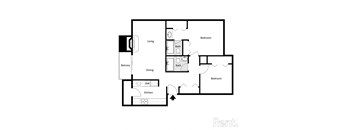 A black and white floor plan of an apartment with a living room, dining room, kitchen, and two bedrooms.