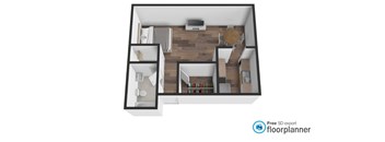 A floor plan of a house with a kitchen, living room, and two bedrooms.