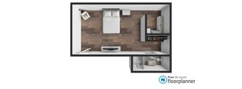 A floor plan of a small apartment with a bedroom and a kitchen.