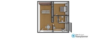 A floor plan of a small apartment with a kitchen, living room and bathroom.