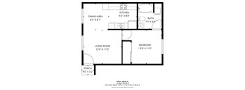 A floor plan of a one bedroom apartment at Malibu with a kitchen, living room, dining area, bathroom, and porch.