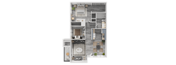 A 3D rendered image of a house layout.
