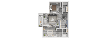 A detailed 3D floor plan of a house layout.