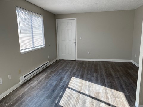 an empty living room with wooden floors and a white door