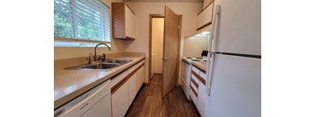 a kitchen with a sink and a refrigerator and a door