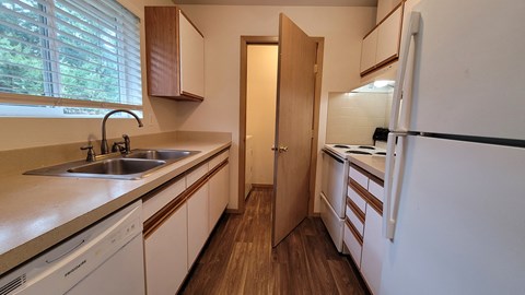 a kitchen with a sink and a refrigerator and a door