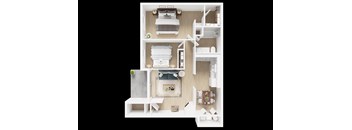 A white model of a house with a kitchen, living room, and bathroom.
