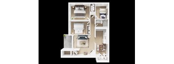 A white floor plan of a house with a kitchen, living room, and bathroom.