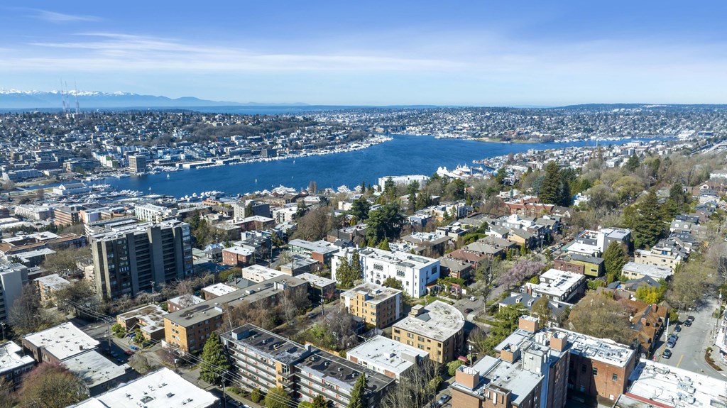 a view of the city and a body of water
