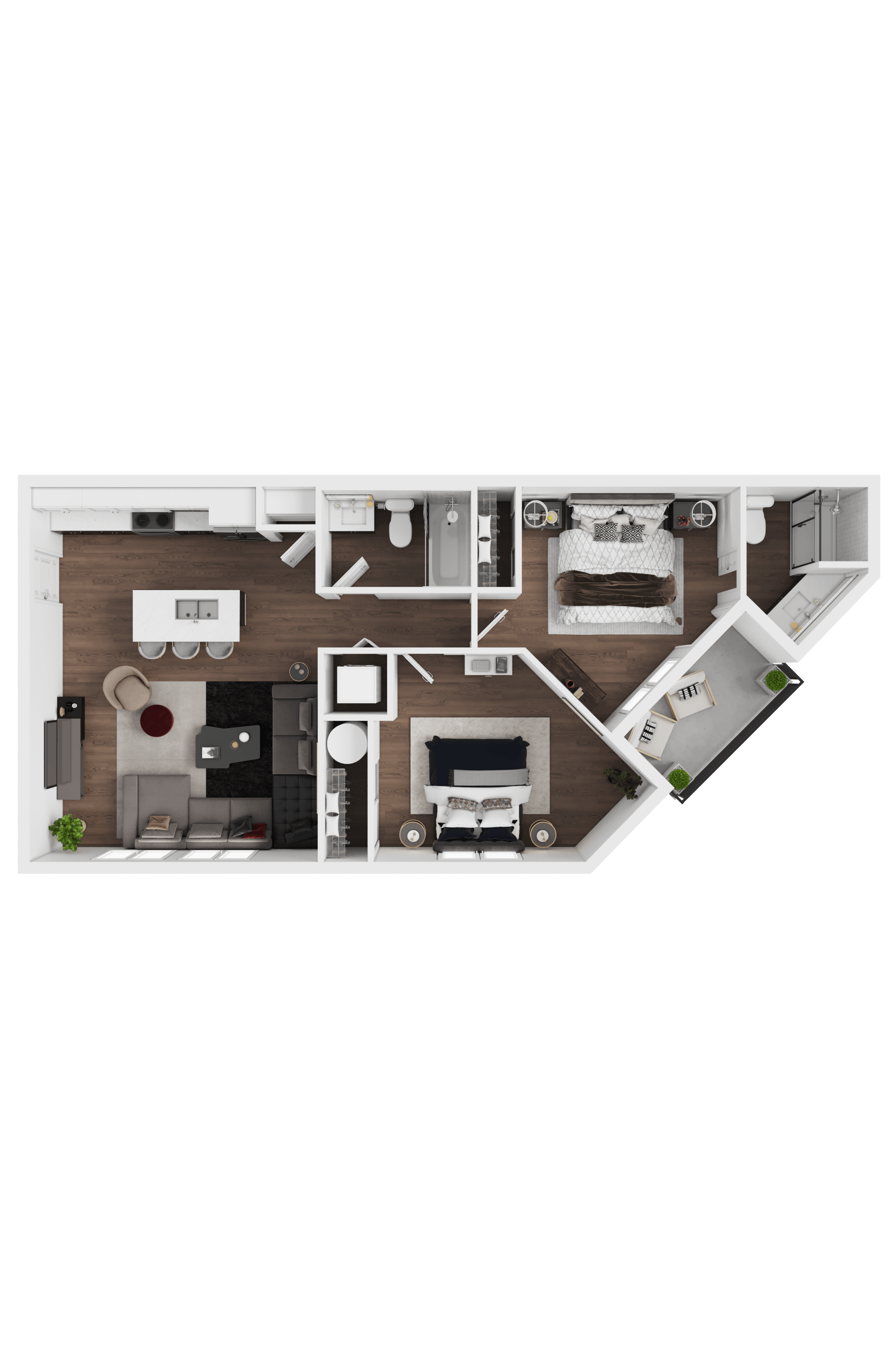 A top-down 3D view of a 2-bedroom apartment layout with a kitchen, living room, and bedrooms at The Valley Apartments in Puyallup, WA