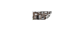 A top-down view of a house layout with a kitchen, living room, and bedrooms.
